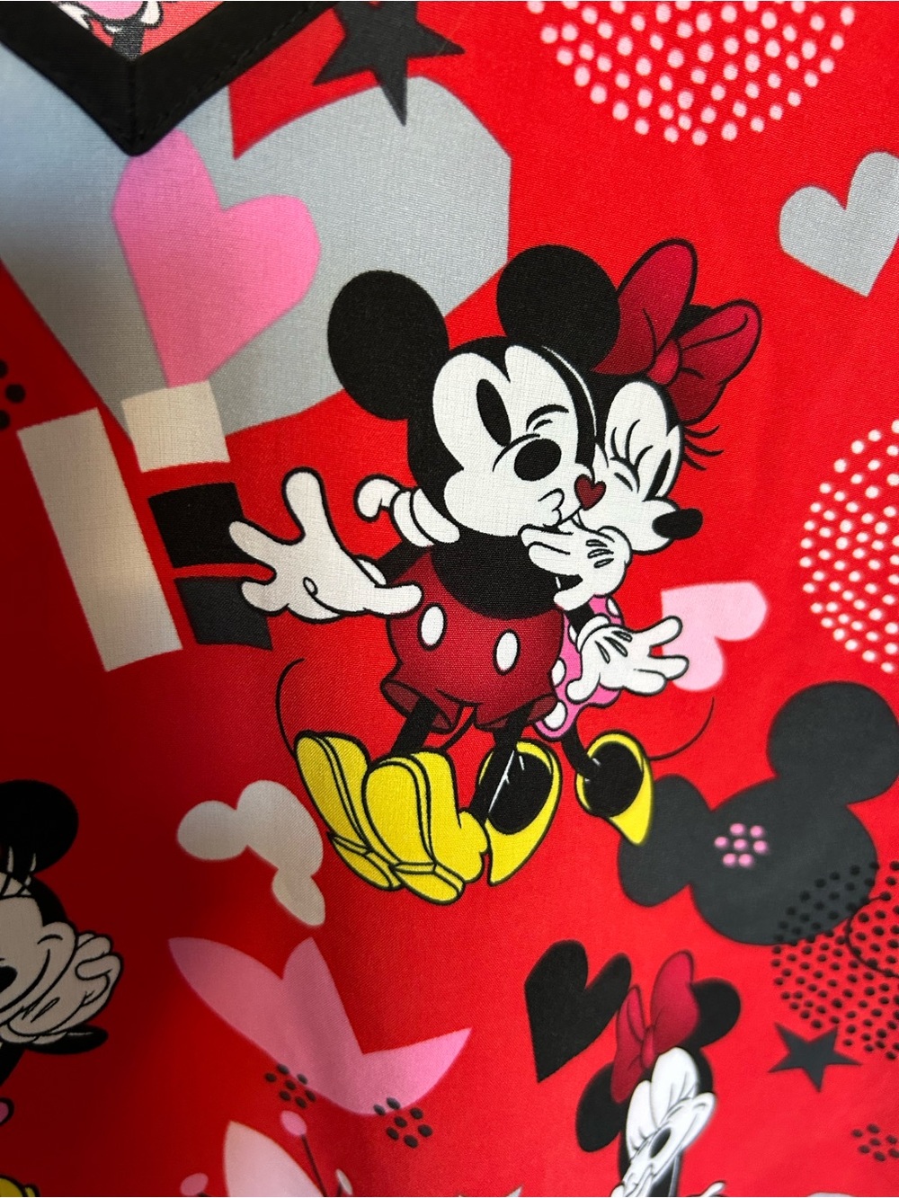 Disney Red Mickey & Minnie Print V-Neck Scrub Top with Black Trim - Picture 4 of 4